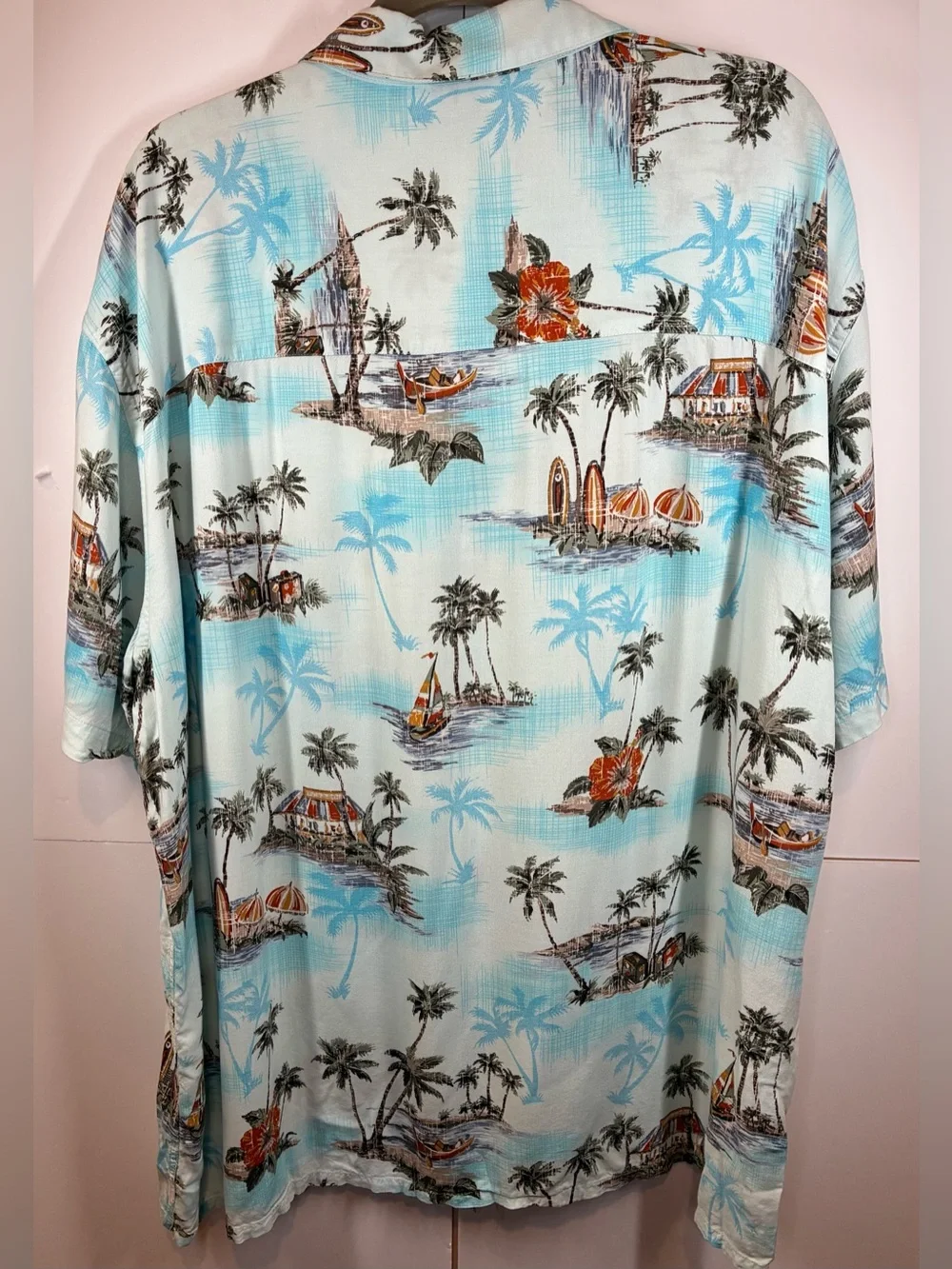 Island Shores Hawaiian Camp Shirt XXL Tropical Beach Palm Tree Button Front